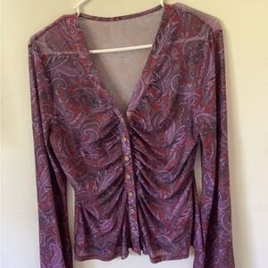 Paisley V-Neck Ruched Top - Purple